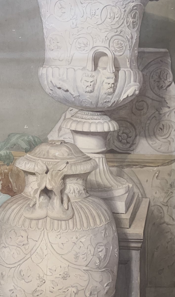 Due grandi studi di decorazione di interni con antichità - firmati Claudio Monticelli - 1910 ca-photo-4