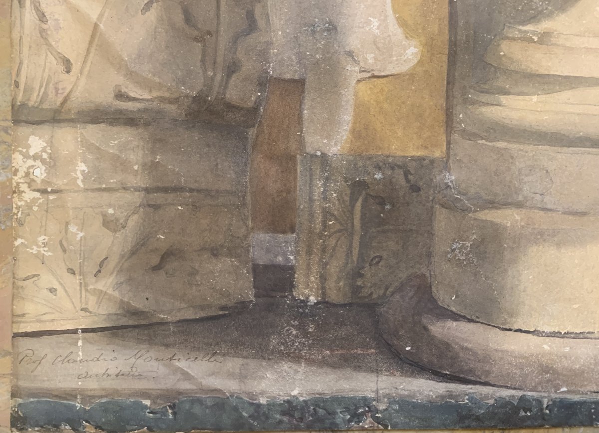 Due grandi studi di decorazione di interni con antichità - firmati Claudio Monticelli - 1910 ca-photo-5