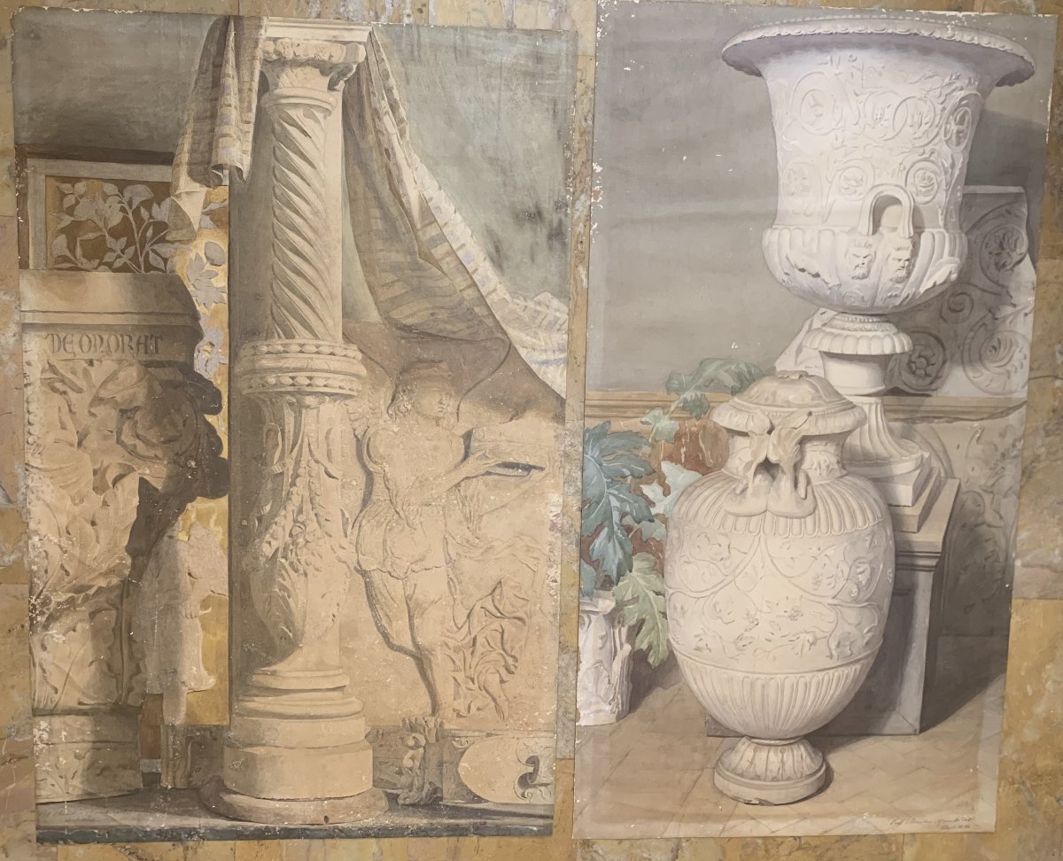 Due grandi studi di decorazione di interni con antichità - firmati Claudio Monticelli - 1910 ca