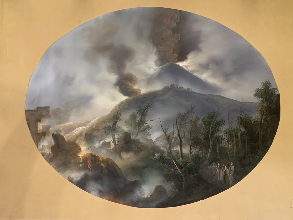Scuola napoletana -Due  grandi eruzioni del Vesuvio -1850 ca Napoli - gouache Italia Grand Tour-photo-4