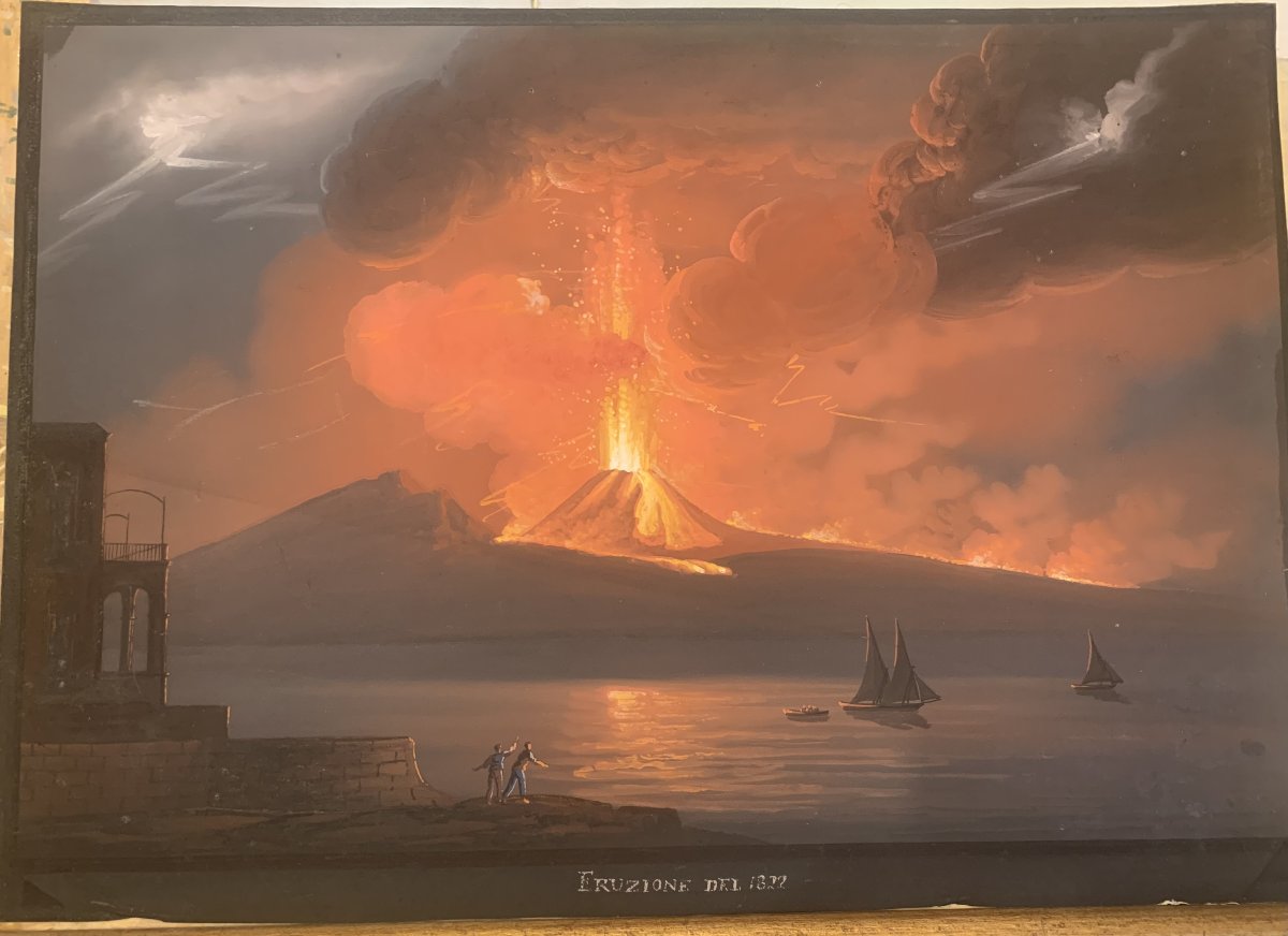 Camillo de Vito (attr.) Eruzione notturna del 1822 gouache napoletana - Napoli Vesuvio -Italia