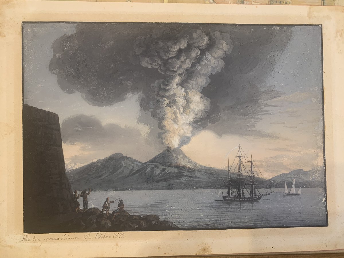Scuola Napoletana - Eruzione di cenere del 1822 - Vesuvio, Napoli, Italia, guazzo
