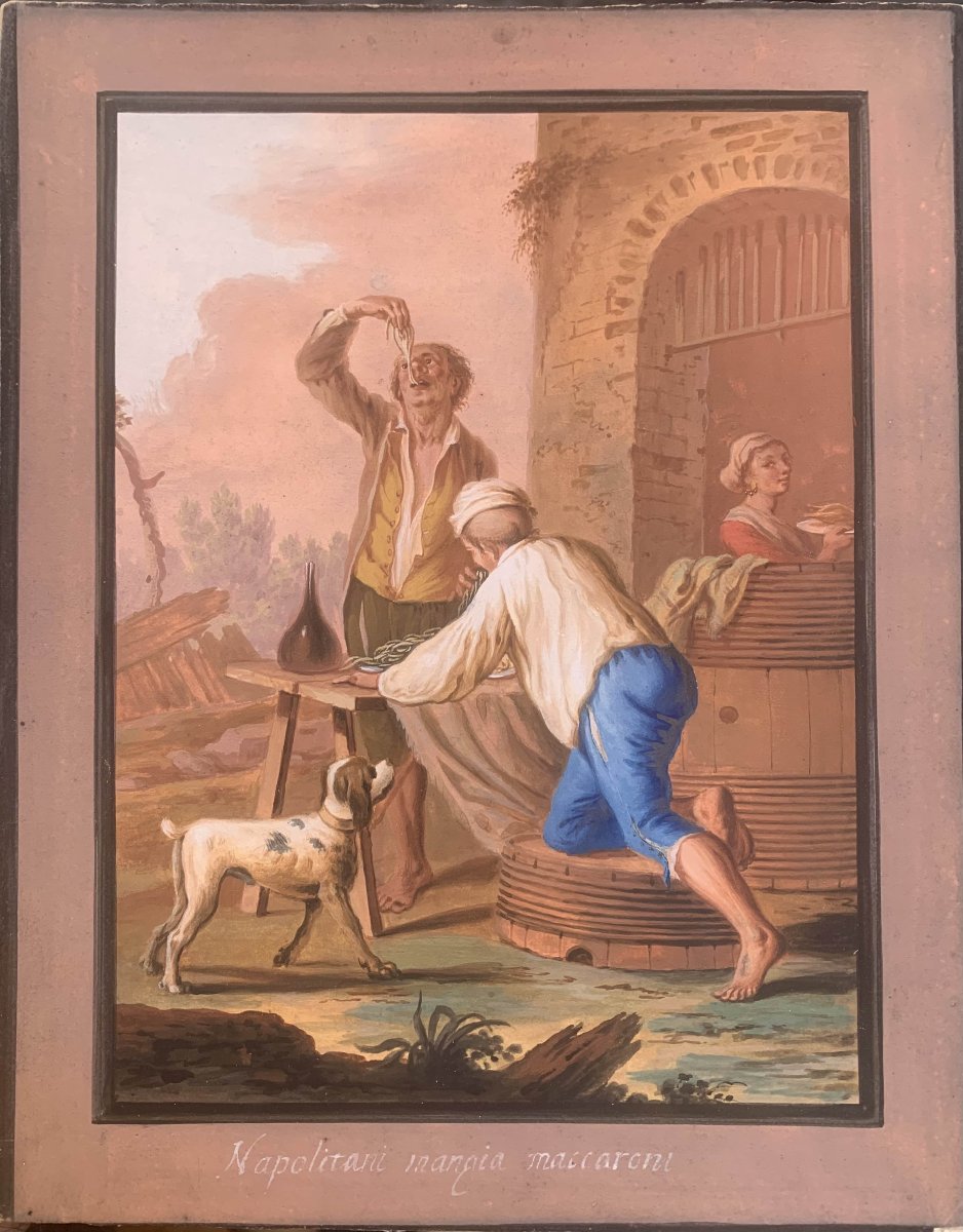 Saverio della Gatta - Mangia Maccheroni a Napoli- gouache napoletana -Costumi  Fine XVIII 
