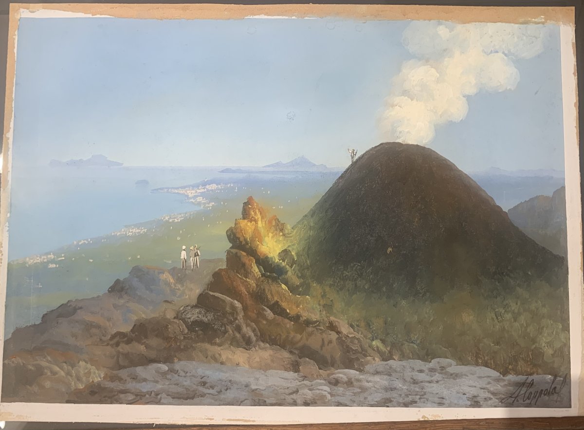 Antonio Coppola - Sul Vesuvio - gouache napoletana -Napoli Eruzione- Grand Tour Deliziosa gouac