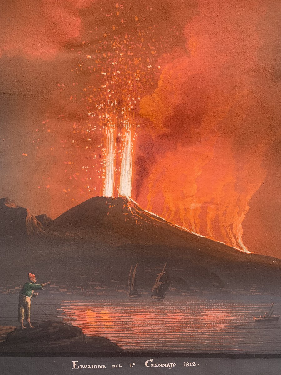 George Glass - Eruzione notturna Vesuvio 1812 - Napoli - gouache napoletana - Grand Tour Italia-photo-1