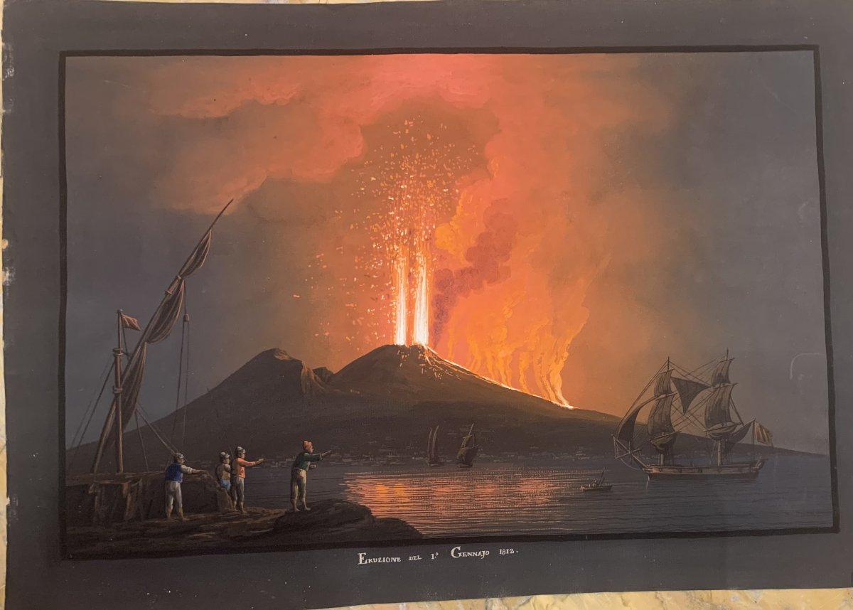 George Glass - Eruzione notturna Vesuvio 1812 - Napoli - gouache napoletana - Grand Tour Italia