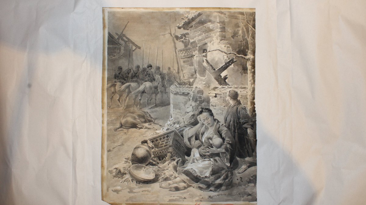 A.Bonamore- acquarello raffigurante guerra russo cinese. Milano, italia 1901 . 
