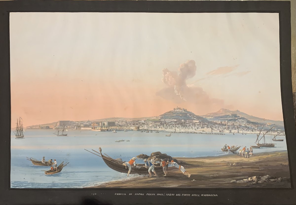 C.de Vito(attr) Napoli dal Carmine- gouache- napoletana - Grand Tour Vesuvio Italia