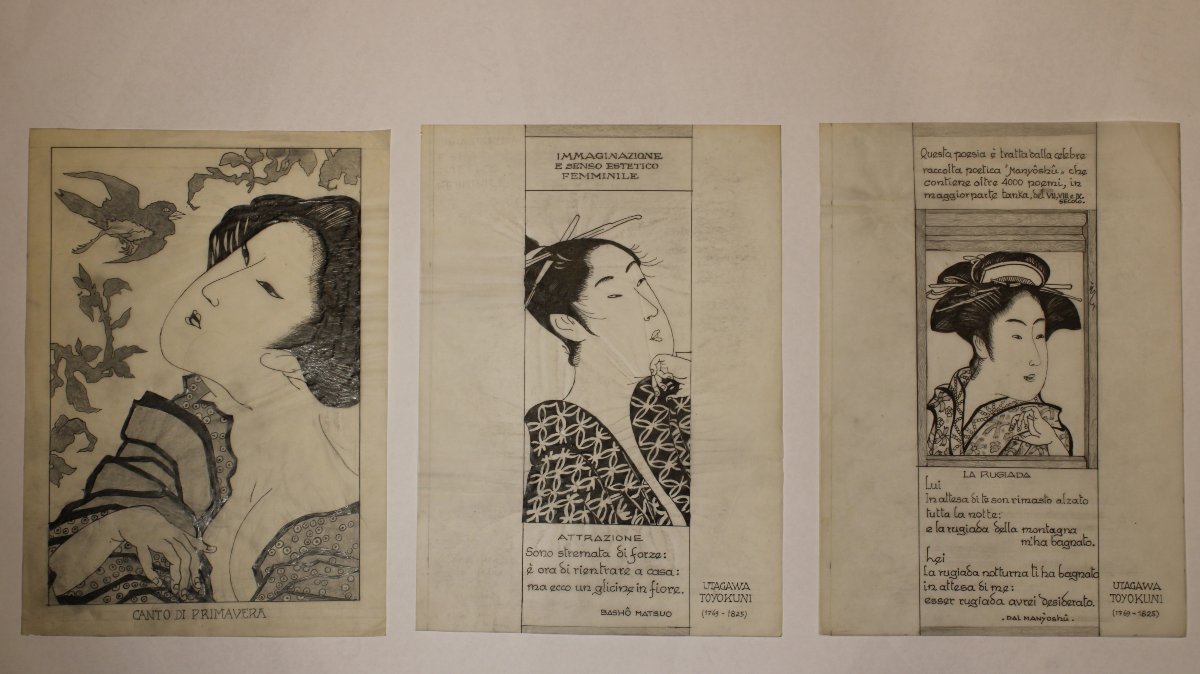 3 disegni da xilografie di kitagawa Utamaro, scuola italiana,XX secolo , italia , giappone 