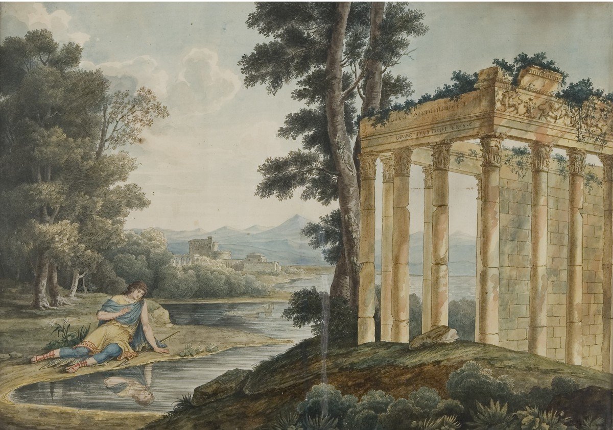 Ecole française - Narcisse - aquarelle fin XVIIIe - Grèce - J Louis Cassas- 