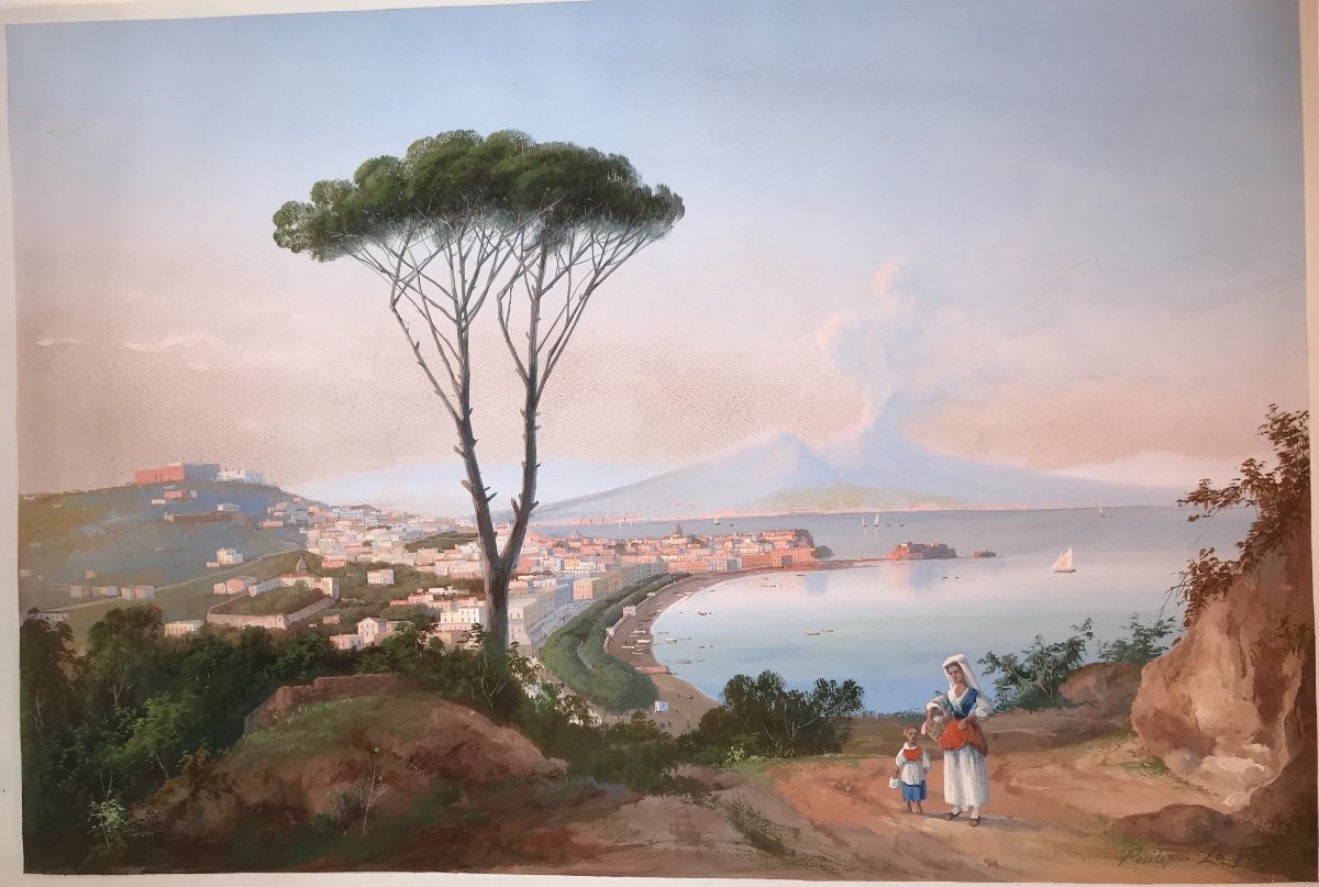 Gioacchino La Pira - Vue De Naples - Gouache - Signee 1850 Ca Napolitaine - Italie --photo-2