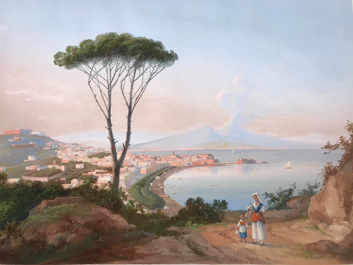 Gioacchino La Pira - Vue De Naples - Gouache - Signee 1850 Ca Napolitaine - Italie --photo-3