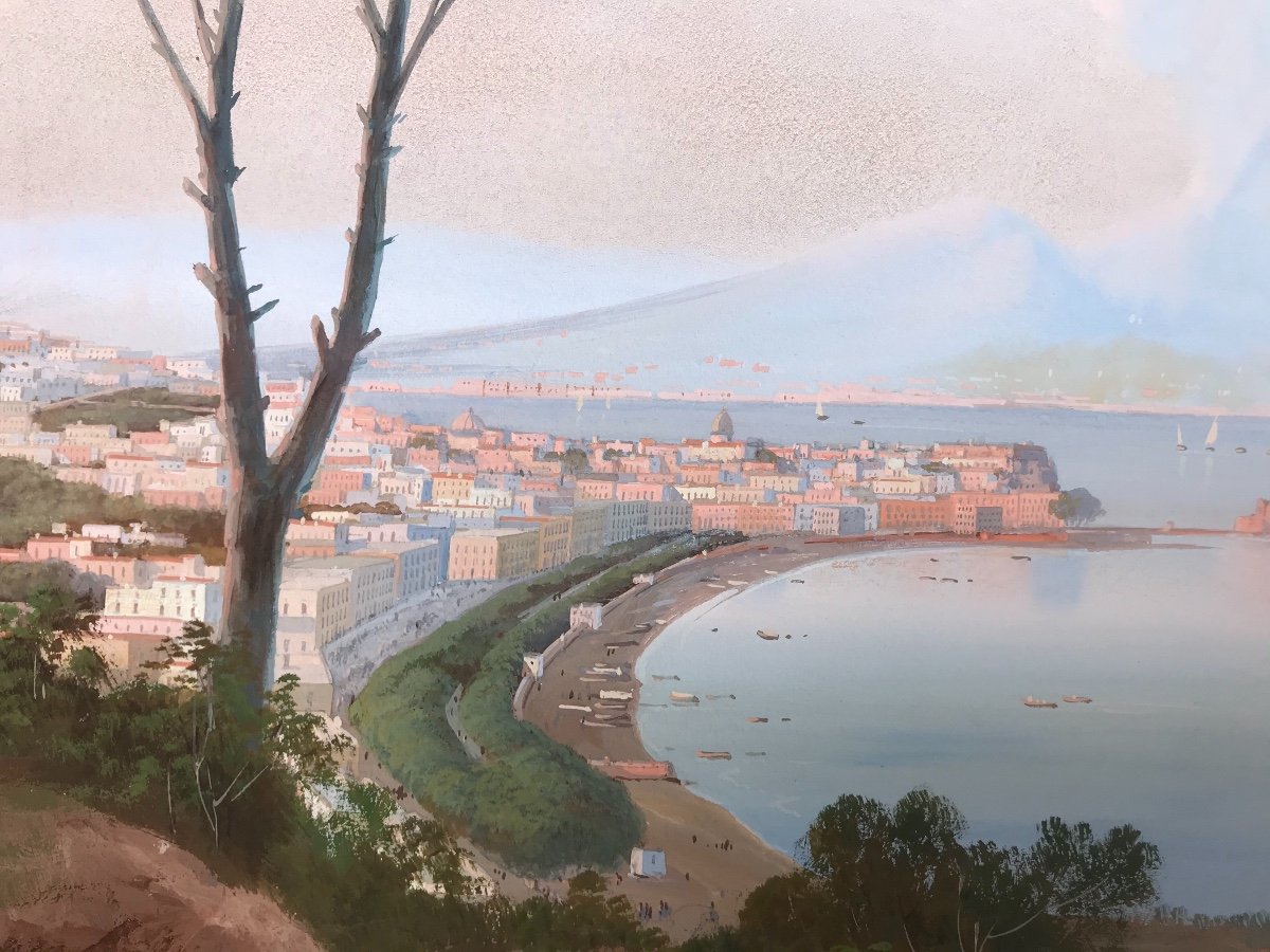 Gioacchino La Pira - Vue De Naples - Gouache - Signee 1850 Ca Napolitaine - Italie --photo-2