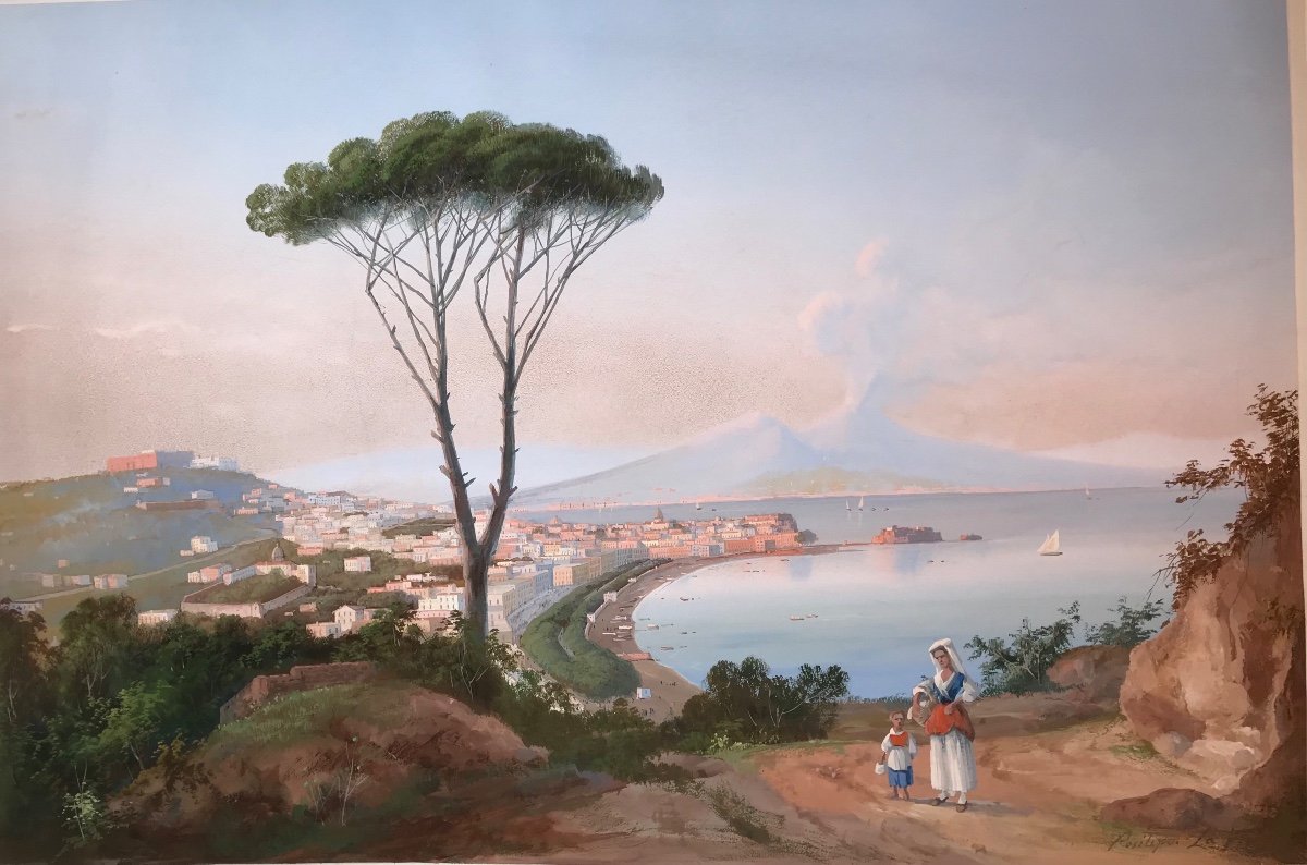 Gioacchino La Pira - Vue De Naples - Gouache - Signee 1850 Ca Napolitaine - Italie -