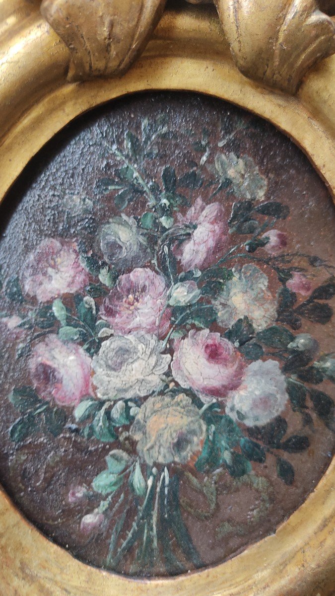 Paire De Bouquet De Fleurs De La Fin Du 17ème Siècle Sur Bois-photo-1