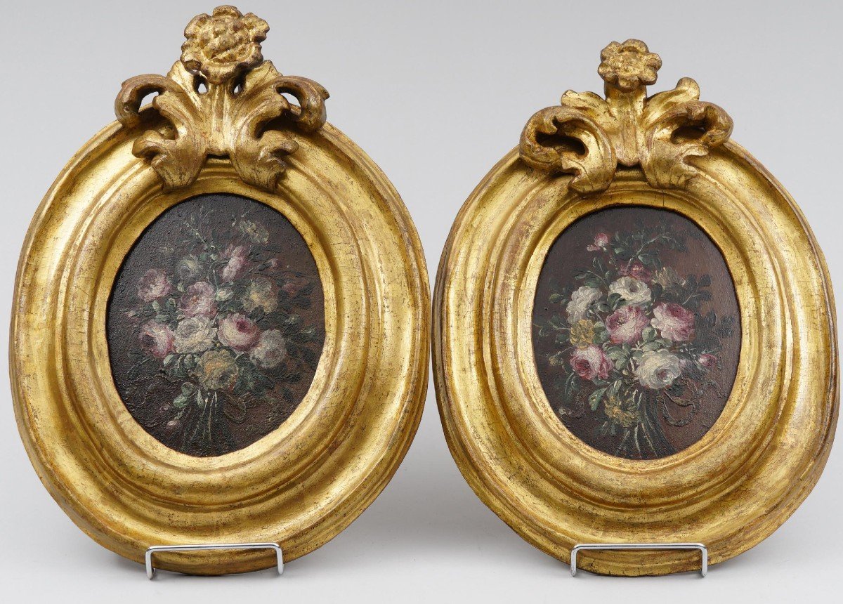 Paire De Bouquet De Fleurs De La Fin Du 17ème Siècle Sur Bois