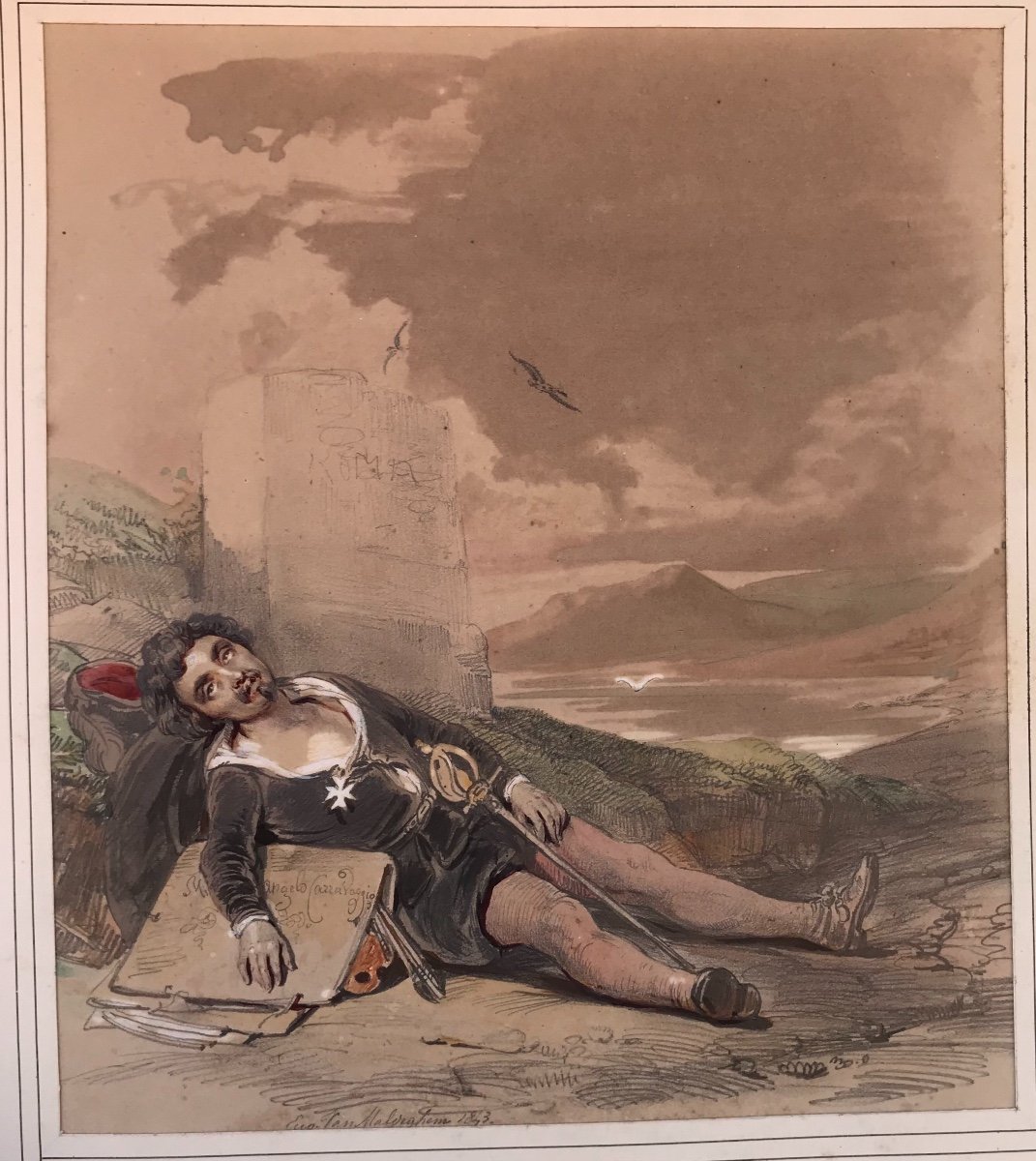 Eugene Van Maldeghem  (1813 -1867) - Mort Du Caravage  - Aquarelle - 1843 - Belgium Italie