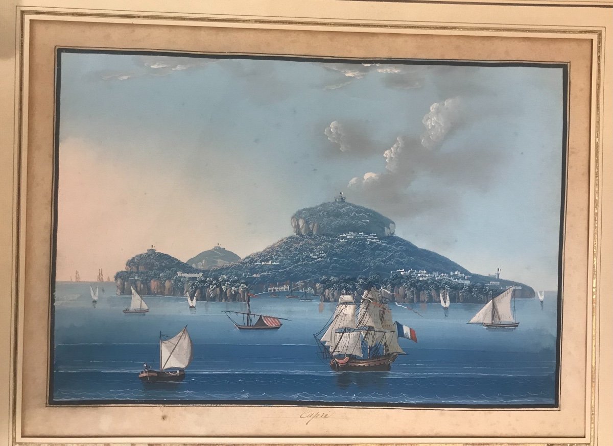 Ecole Napolitaine - Capree - Capri - Gouache- fine XVIII s.   Italie Grand Tour Naples