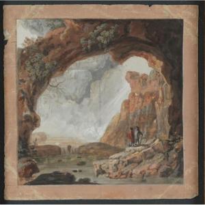 J.Houel (attr.) La Grotta di Nettuno a Tivoli. XVIII secolo - bozzetto preparatorio. Grand Tour