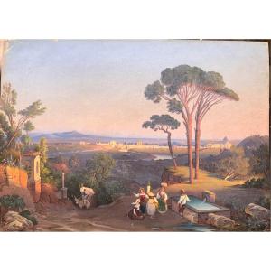 Ignaz Pfyffer von Altishofen - Veduta generale di  Roma - 1830 Ca Olio Su Carta - Italia Grand Tour