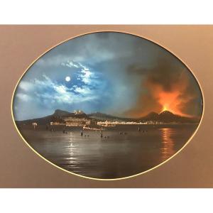 Scuola napoletana- Eruzione del Vesuvio a Napoli 1860 ca- gouache  Italia Grand Tour