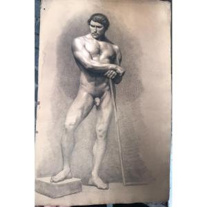 Disegno nudo maschile accademico- 1820 ca Uomo nudo Italia Francia