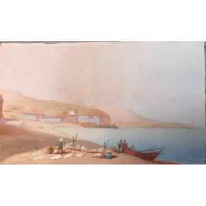 Paolo Andrea Deangelis - 2 Vedute di Nizza- gouaches-  1845 ca Francia Italia Malta Roma