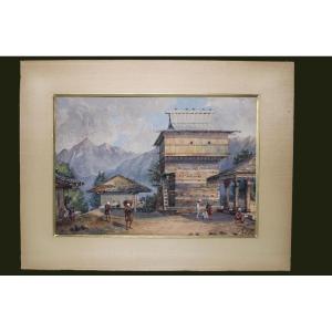 Villaggio si Siji-Shimla Nord Pradesh,india ,1883 -india -oriente - acquarello - 