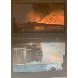 Scuola napoletana - 2  Eruzioni del Vesuvio del giugno 1794 - Napoli Italia gouaches Grand Tour