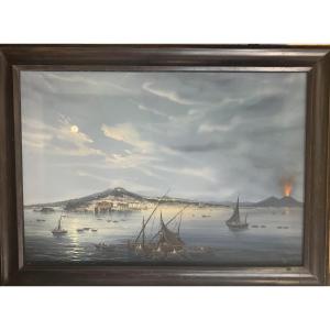 G.La Pira -Napoli dal Mare notturna- gouache  napoletana - Grand Tour Italia  Eruzione Vesuvio