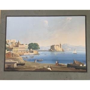 Gioacchino La Pira - Napoli il Chiatamone- gouache napoletana- Italia Grand Tour Vesuvio