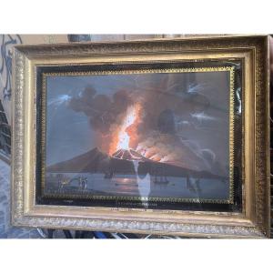 Scuola Napoletana -gouache Eruzione del Vesuvio di notte 1822 Napoli Italia Grand Tour 