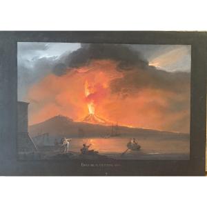 Camillo de Vito- Eruzione del Vesuvio di notte 1822 - Gouache firmato Napoli Grand Tour Italia