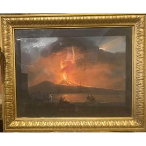 Camillo de Vito- Eruzione del Vesuvio di notte 1822 - Gouache firmato Napoli Grand Tour Italia