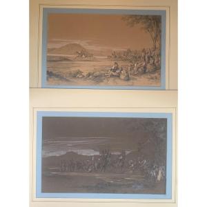 Consalvo Carelli - 2 acquarelli corsa dei cavalli a Napoli- Italia napoletano 1850