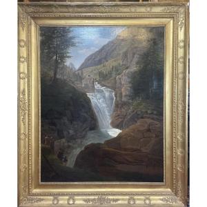 Veduta delle  Cascade du Cerisey Pirenei firmato 1837 Du Perreaux