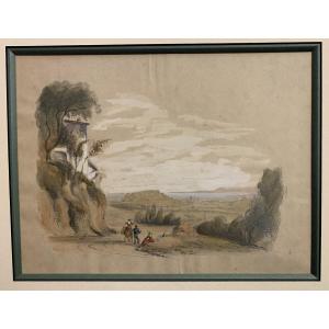 J.Andrè -Due vedute di Nizza - Francia - 1850 ca disegno e acquarello