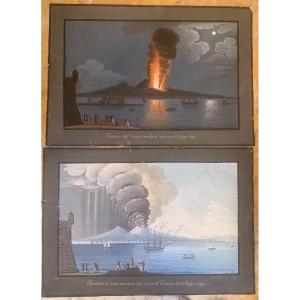 Coppia di Eruzioni di Cenere del Vesuvio 1794 -gouaches napoletane - Napoli - Italia fine XVIII