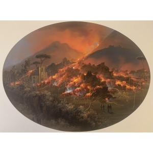 Scuola napoletana-gouache - eruzione notturna del Vesuvio- cratere- Napoli