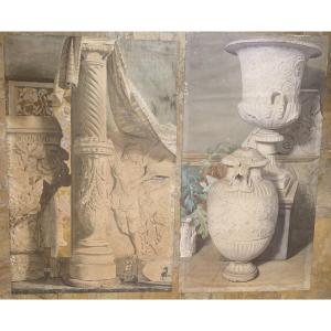 Due grandi studi di decorazione di interni con antichità - firmati Claudio Monticelli - 1910 ca