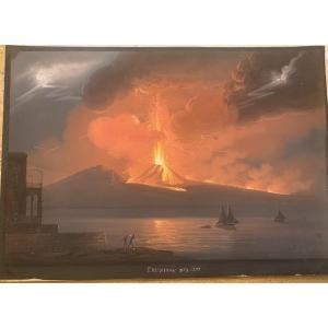 Camillo de Vito (attr.) Eruzione notturna del 1822 gouache napoletana - Napoli Vesuvio -Italia