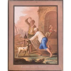 Saverio della Gatta - Mangia Maccheroni a Napoli- gouache napoletana -Costumi  Fine XVIII 