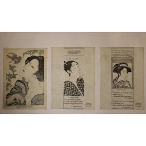 3 disegni da xilografie di kitagawa Utamaro, scuola italiana,XX secolo , italia , giappone 