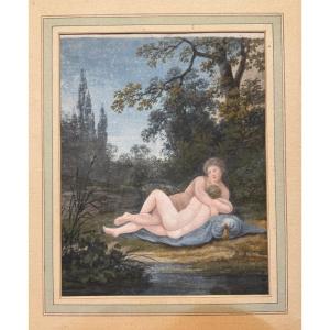 Acquarello rappresentante due amanti sull erba -scuola francese -  XVIII secolo 