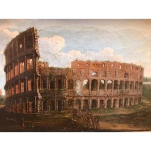 Ecole Italienne -vue De Rome -le Colisée  Fin 18e Début 19e,  Huile Sur Toile