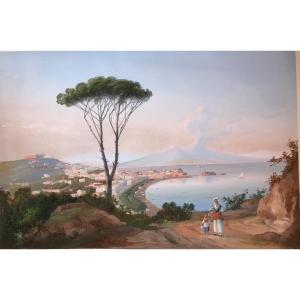 Gioacchino La Pira - Vue De Naples - Gouache - Signee 1850 Ca Napolitaine - Italie -