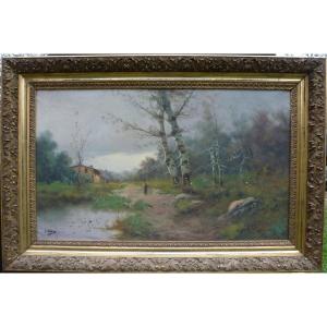J. Esteve Tableau Paysage Maison Au Bord De l'Etang Huile/toile Du XIXème Siècle