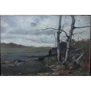 Table Landscape Edge Of Saône Animated Oil / Canvas Early 20th Century Signed