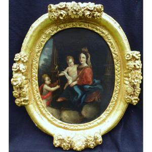 Religious Painting Virgin And Child Oil / Panel From The XVIIth Century