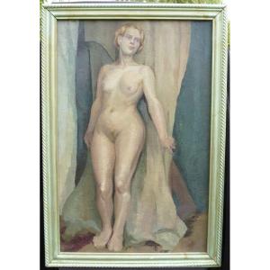 Large Nude Portrait Of Woman French School Of The XXth Century Oil / Canvas